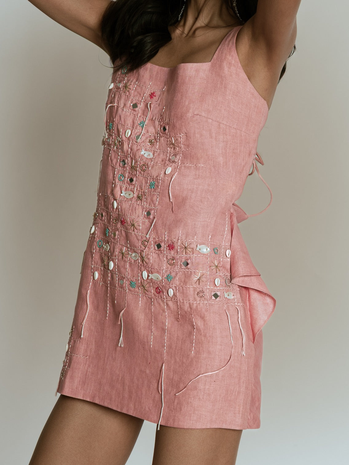 Beaded Grid Mini Dress