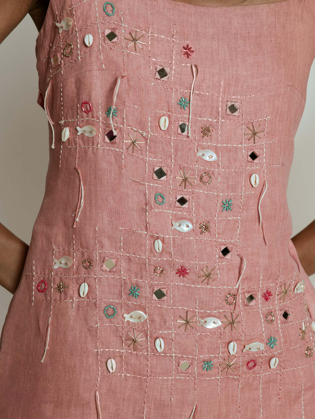 Beaded Grid Mini Dress