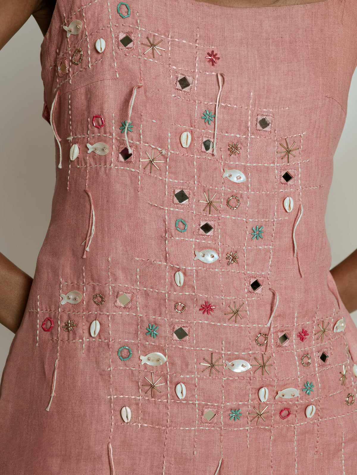 Beaded Grid Mini Dress